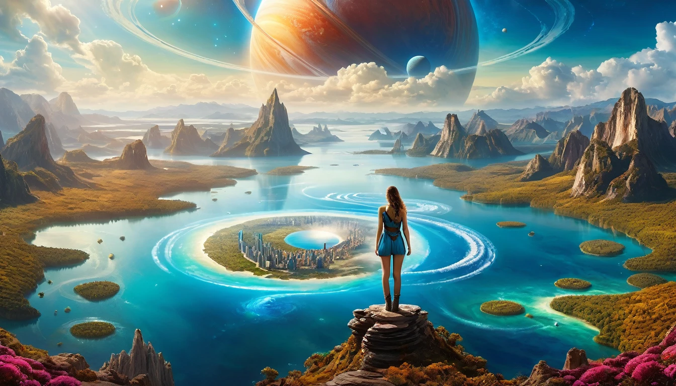 highest quallity,(work of art:1.2),ultra-high resolution,RAW color photography,8K,vast landscape photography,Realistic Photos,Elaborated photos,A woman living on a water planet,,(from behind:1.5),(from low:1.2,Woman standing on a water planet,A vast lake spreads before your eyes,Water City,The sky is a vast universe,blue sky),Written limit depth,broad light,low-contrast,contra-luz,sharp focus,swirly vibrant colors,dynamic configuration