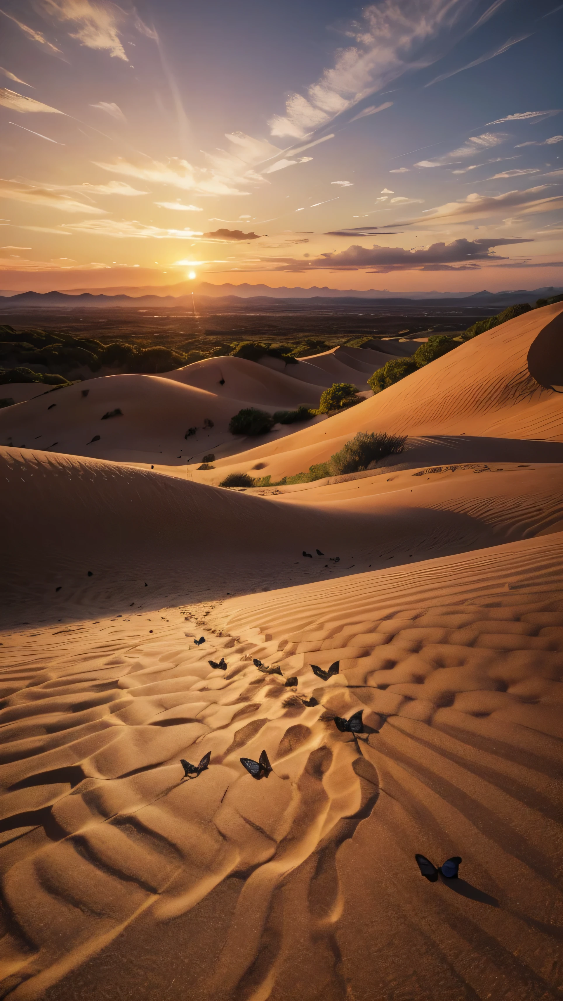 A real image with many butterflies,swith sand on a mountain and a beautiful sunset 
