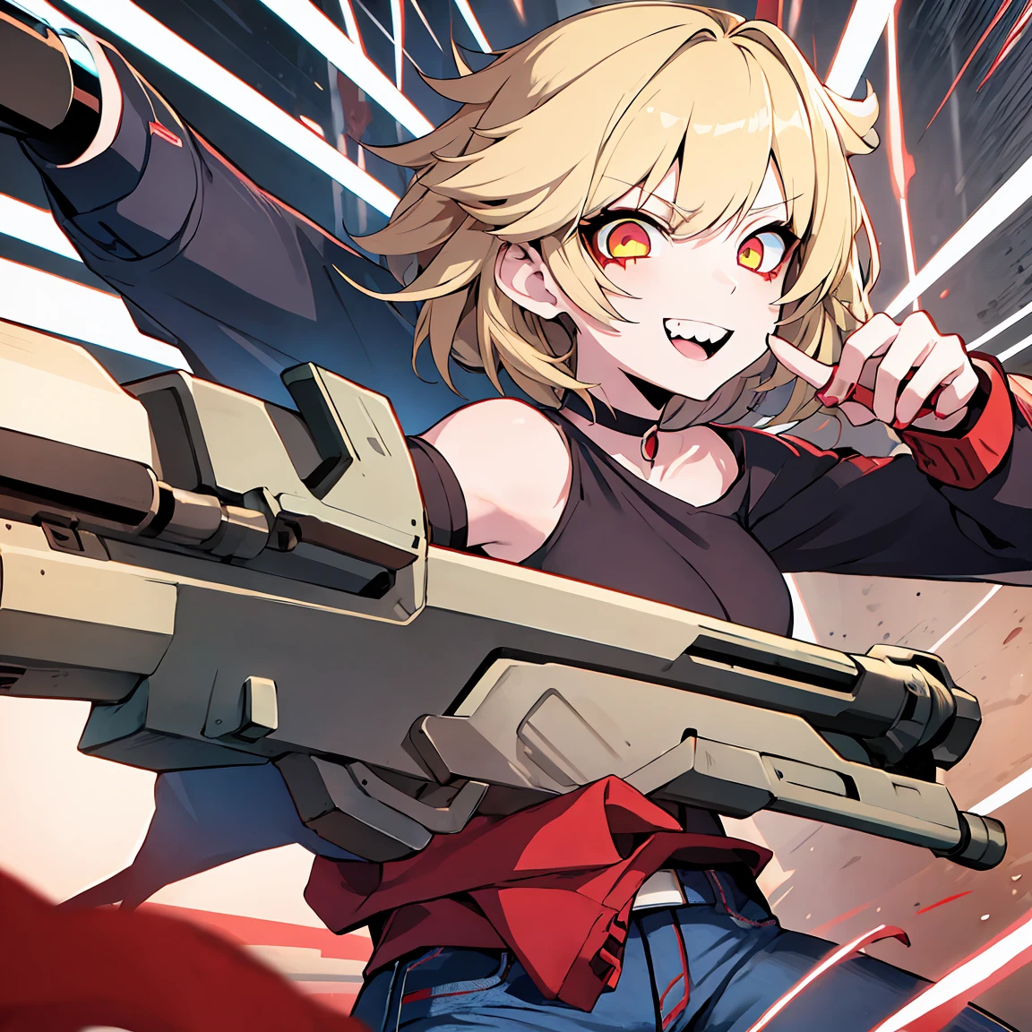 Anime girl, Short blonde hair with red highlights, Pointed teeth, macabre smile, black shirt with print, Jeans, personalized machine gun, white wall, Graffiti, Yellow and red green paint.