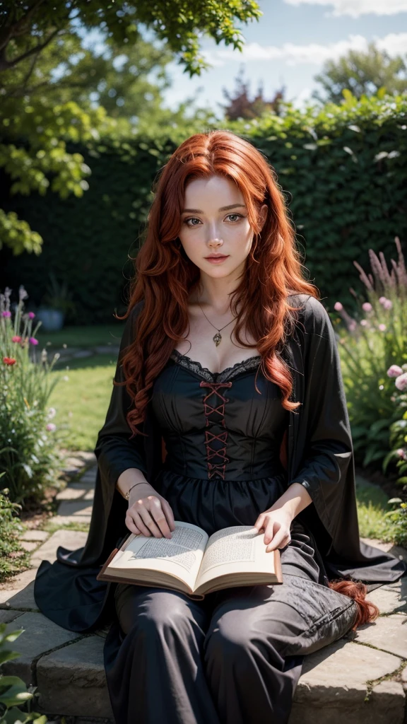 A 25 year old realistic witch with curly red hair sitting in her garden reading a book,