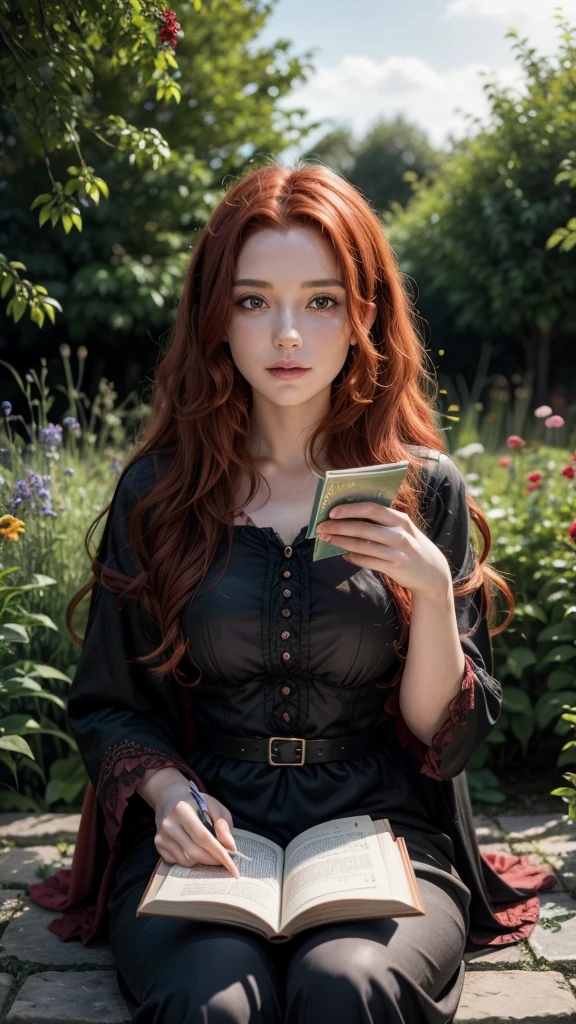 A 25 year old realistic witch with curly red hair sitting in her garden reading a book,