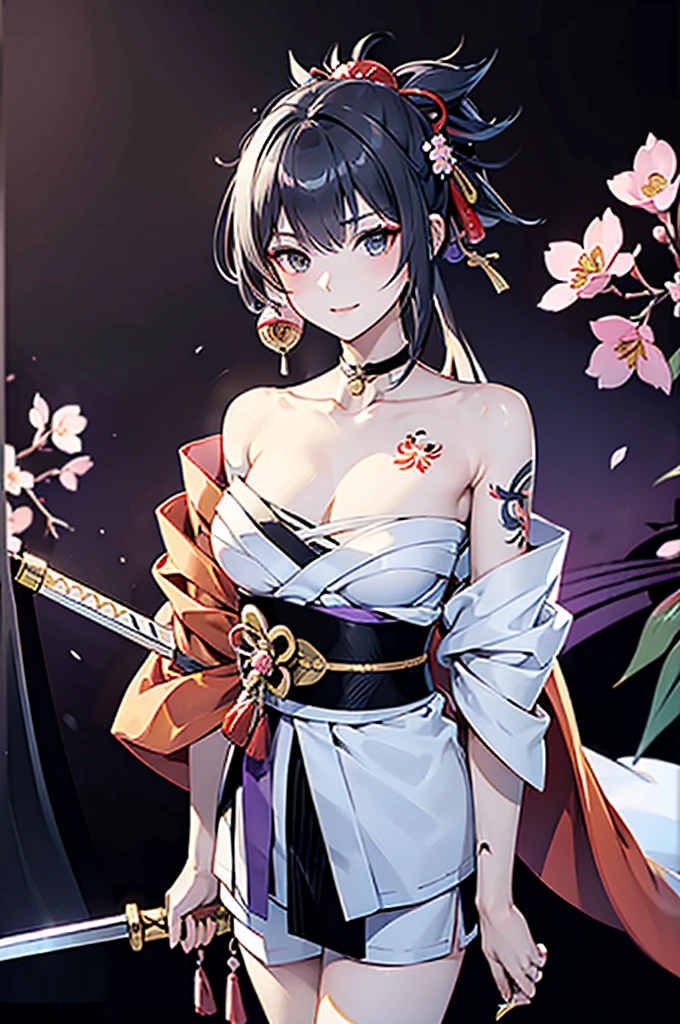 ((roll up bandage sideways on a  chest tightly to cover the chest without gaps)),  bandage samweways, the bantage is no chest shape, flat chest, ((Japanese Gangster BOSS)), adult woman with the dignified presence, Killing Qi, wear nothing around shoulder, wear nothing around neck, wear the kimono, wear it below the waist, (I wind it up to control it, and to attach it),  ((kimono come off)) ,wear the kimono multiple times, Bare shoulders and the clavicle, black and gold kimono, put on over jacket of kimono, (holding a japanese sword which shine in purple, The handole of the sword is black, and the blade is gray, long sword), eye fire, low angle, whole body, bandage is seen, anime character, Glaring, off sholder, nappropriate smile, Excellent, black blue hair, can see both shoulder, long hem, small face, ((some cherry blossam big tattoo on the arm)), gorgeous hair ornaments
