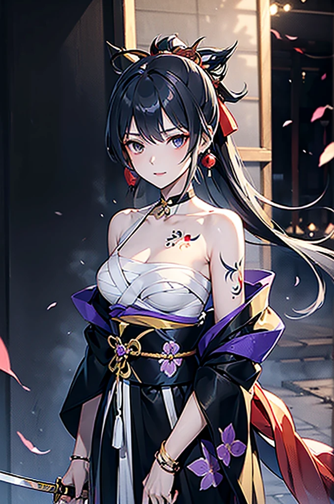 ((roll up bandage sideways on a  chest tightly to cover the chest without gaps)),  bandage samweways, the bantage is no chest shape, flat chest, ((Japanese Gangster BOSS)), adult woman with the dignified presence, Killing Qi, wear nothing around shoulder, wear nothing around neck, wear the kimono, wear it below the waist, (I wind it up to control it, and to attach it),  ((kimono come off)) ,wear the kimono multiple times, Bare shoulders and the clavicle, black and gold kimono, put on over jacket of kimono, (holding a japanese sword which shine in purple, The handole of the sword is black, and the blade is gray, long sword), eye fire, low angle, whole body, bandage is seen, anime character, Glaring, off sholder, nappropriate smile, Excellent, black blue hair, can see both shoulder, long hem, small face, ((some cherry blossam big tattoo on the arm)), gorgeous hair ornaments