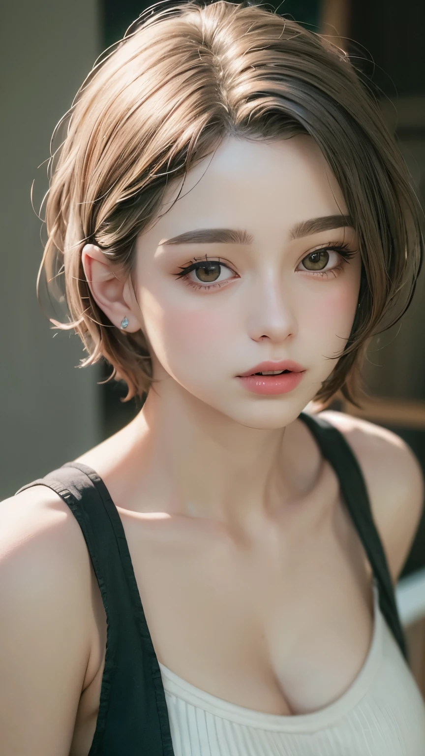 Masterpiece hyperrealist & Photorealistic beautiful girl, Realistic Skin (Pore-filled skin) Short Bob Cut Hair, Realistic red lips,Punk Girl, (head shot:1.5),Shorts
