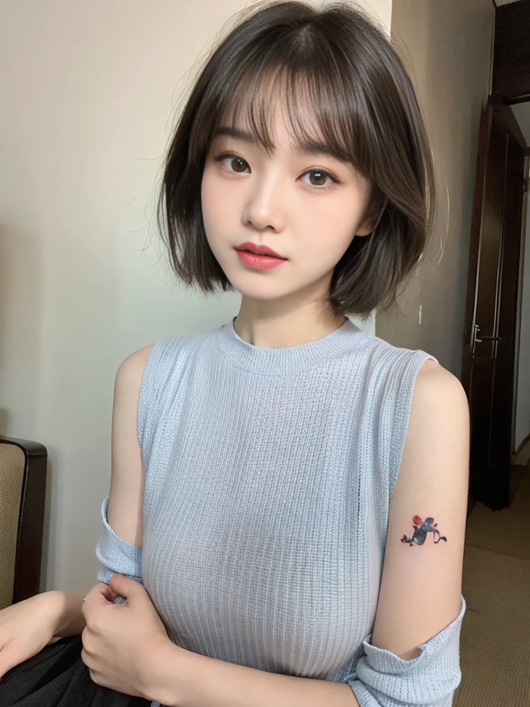 ((top-quality、8K、masterpiece:1.3,japanese tatoo))、Beautuful Women、1girl in、(cute little)、Slender Abs:1.1、(random color dress)、((short-hair))、hyperdetailed face、very detailed lips、A detailed eye、double eyelid、(well-groomed bangs.1.3)、dark brown hair、big eye、enticing lips、The corners of the mouth rise、Black eye、(Night Party)、cute wan asian face, the face of a beautiful Japanese girl, with short hair with bangs, white hime cut hairstyle、Slender eyes、17-year-old beautiful girl