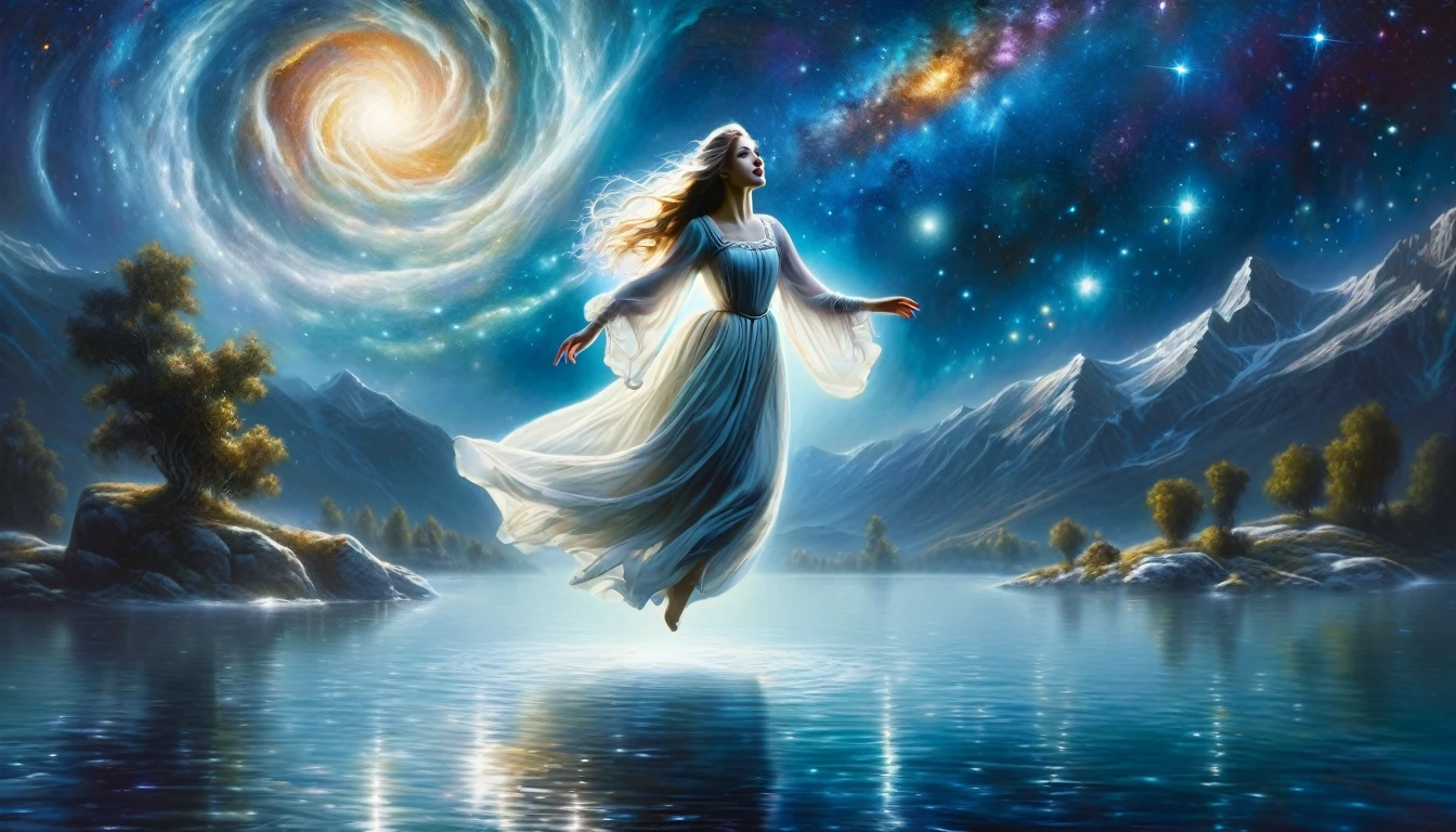 A ghostly girl, levitating over the water of a lake, beautiful medieval appearance, night sky with stars and Milky Way, horor tones, oil painting, (best qualityer,4K,8K,high resolution,work of art:1.2),ultra detali,(realisitic,photorealisitic,photo-realisitic:1.37),hdr,ultra HD,studio lighting,ultra-fine painting,sharp focus,physically based rendering,extreme detailed description,proffesional,bright coloured,bokeh,portraits,paisaje,horor