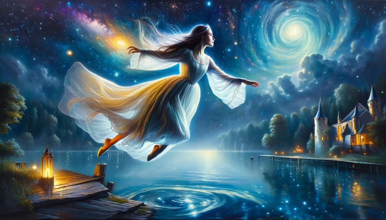 A ghostly girl, levitating over the water of a lake, beautiful medieval appearance, night sky with stars and Milky Way, horor tones, oil painting, (best qualityer,4K,8K,high resolution,work of art:1.2),ultra detali,(realisitic,photorealisitic,photo-realisitic:1.37),hdr,ultra HD,studio lighting,ultra-fine painting,sharp focus,physically based rendering,extreme detailed description,proffesional,bright coloured,bokeh,portraits,paisaje,horor