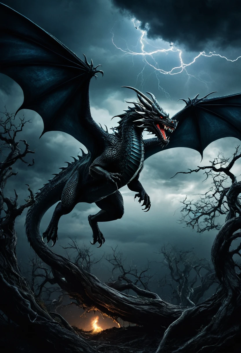 an evil dragon, flying over a dark environment, this place has twisted trees and a dark sky with thunder