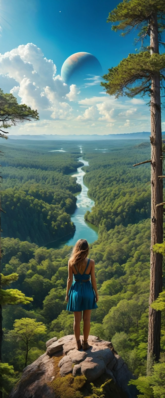 Highest quality,(masterpiece:1.2),Ultra-high resolution,Raw color photography,8K,Vast landscape photography,Realistic photos,Elaborate photos,Woman living on a forest planet,,(From the back:1.5),(From below:1.2,Woman standing on a forest planet,Primitive clothing,A vast forest spreads out before your eyes,A city built in the forest,The sky is a vast universe,blue sky),Written boundary depth,Wide Light,Low contrast,Backlight,Sharp focus,Vibrant colors,Dynamic configuration