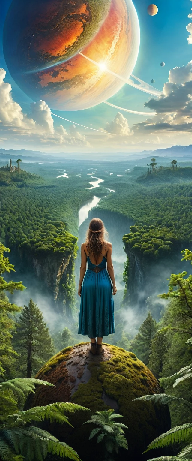 Highest quality,(masterpiece:1.2),Ultra-high resolution,Raw color photography,8K,Vast landscape photography,Realistic photos,Elaborate photos,Woman living on a forest planet,,(From the back:1.5),(From below:1.2,Woman standing on a forest planet,Primitive clothing,A vast forest spreads out before your eyes,A city built in the forest,The sky is a vast universe,blue sky),Written boundary depth,Wide Light,Low contrast,Backlight,Sharp focus,Vibrant colors,Dynamic configuration