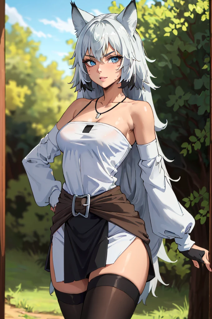 (masterpiece, best quality, ultra detailed, absurdres:1.5), 1girl, (sexy, beautiful woman, perfect face, perfect eyes, perfect female body, medium breasts:1.5), (white shirt, long hair, gray hair, cat ears, necklace, yellow waist cape, detached sleeves, black miniskirt, (white thighhighs:1.3), cat tail, black gloves, ), (standing, outdoors, forest), perfect lighting, smooth, hdr