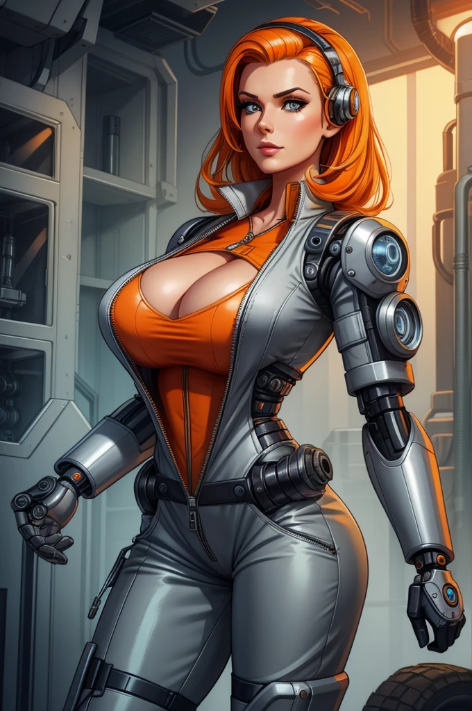a beautiful Swedish woman, A gorgeous female mechanic in an atompunk style, with a blank background, wearing an unzipped orange jumpsuit revealing cleavage, featuring a mechanical hand and cybernetic augments, in a retro-futuristic setting with gunmetal grey tones,