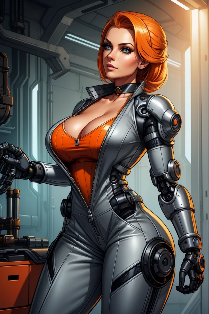 a beautiful Swedish woman, A gorgeous female mechanic in an atompunk style, with a blank background, wearing an unzipped orange jumpsuit revealing , featuring a mechanical hand and cybernetic augments, in a retro-futuristic setting with gunmetal grey tones,