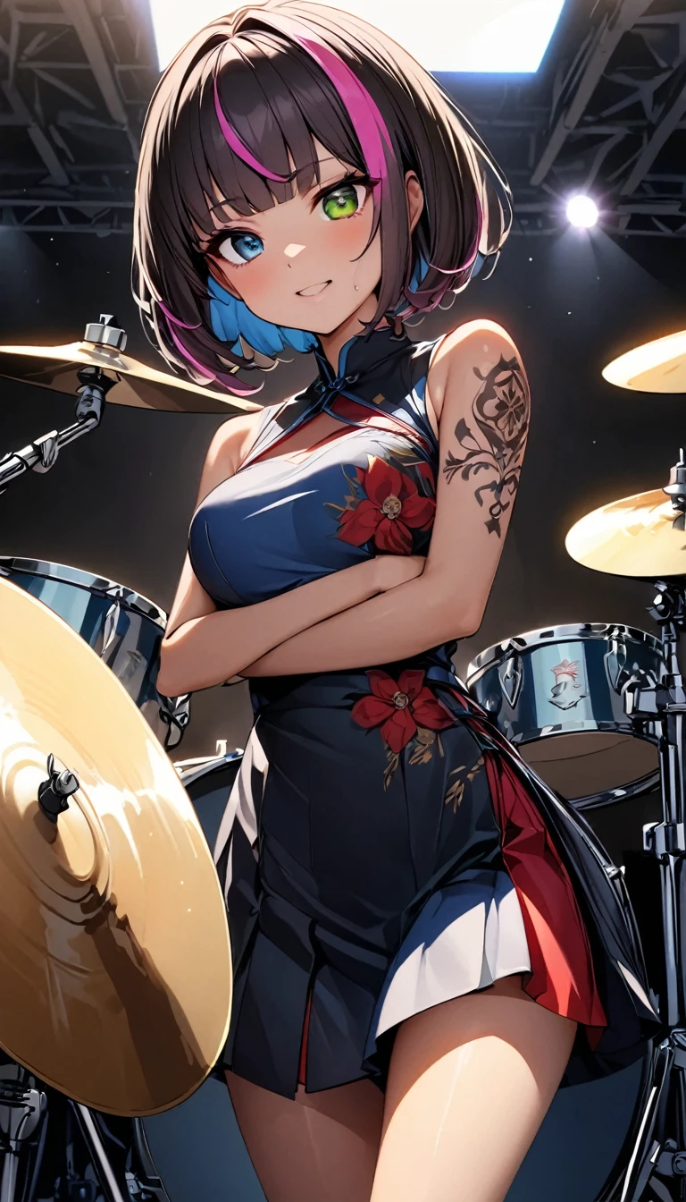 (highest quality:1.2, Very detailed, up to date, Vibrant, Ultra-high resolution, High Contrast, masterpiece:1.2, highest quality, Best aesthetics), Portraiture、girl、slim, , heterrochromia, green eye, red eye, Passionate performance、stage、performance、Rock Music、Bright colors、Beautiful fine details、Beautiful lip detail、extra short hair, ((bob cut:1.5))、pink and purple ((streaked hair:1.9)), (highlights hair: 1.6), middium breast, (tan skin:1), ((showcasing performance on the drum set. The drum set includes a bass drum, snare drum, toms, floor toms, hi-hat, crash cymbals, ride cymbals, and a china cymbal)),Music band、(powerful pose:1)、Concert Light、Edgy Style、colorful Cheongsam, (no sleeve:1)、Dynamic Movement、hypnotic sounds、Stadium、amplifier、Loud music、,Sparkling stage、Concert atmosphere、Music Festival、Full of emotion、Rock star attitude、Resolute expression、Avid Fan、The presence of an attractive stage、 Expressive gestures、Rock star aura、An exciting atmosphere、Sing with all your heart、An unforgettable show, (Floral Fineline tattoo design on right arm:1),