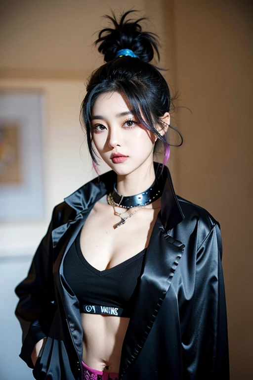 gorgeous korean woman, wearing a silk coat, photorrealistic, work of art, open coat, black rock shirt, appealing,  ssmile,, punk hair, idol de Kpop, Punk Girl, pose rock, brightly dyed hair, heavy make-up, eyeliner, Gothic