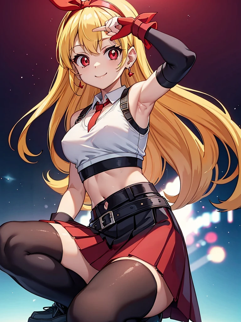 (RED Ribbon on HAIRband:1.2),aikatsu,1 girls,in senki zesshou symphogear style , Blonde long hair,black and RED battle suit,BREAK,ultra-definition, high resolution, ultra-detail CG,caustics, Live stage, in front of super large vision, singing, stand microphone ,