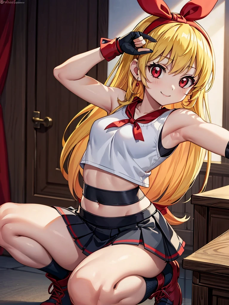 (RED Ribbon on HAIRband:1.2),a young anime character sitting and pointing her finger down towards the camera, 1girl, solo, long hair, Small breasts, cosplay, skirt, tifa lockhart, thighhighs, jewelry, armpits, navel, arms up, crop top, blonde hair, looking at viewer, black skirt, earrings, gloves, smile, underwear, panties, squatting, red eyes, fingerless gloves, midriff