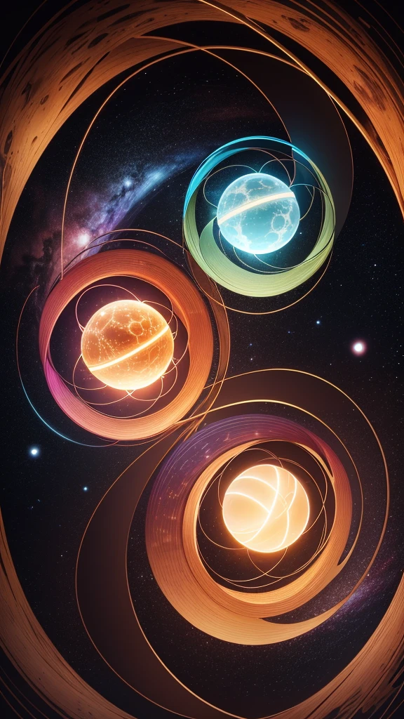 Design an abstract sphere with a looping band of cosmic energy swirling around it. The loop should emit a radiant light, and the sphere itself should have a starry, ethereal appearance