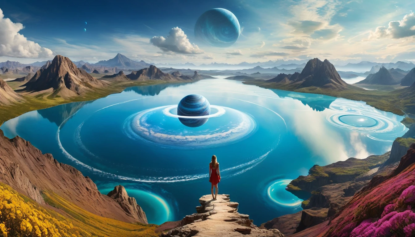 highest quallity,(work of art:1.2),ultra-high resolution,RAW color photography,8K,vast landscape photography,Realistic Photos,Elaborated photos,A woman living on a water planet,,(from behind:1.5),(from low:1.2,Woman standing on a water planet,A vast lake spreads before your eyes,Water City,The sky is a vast universe,blue sky),Written limit depth,broad light,low-contrast,contra-luz,sharp focus,swirly vibrant colors,dynamic configuration