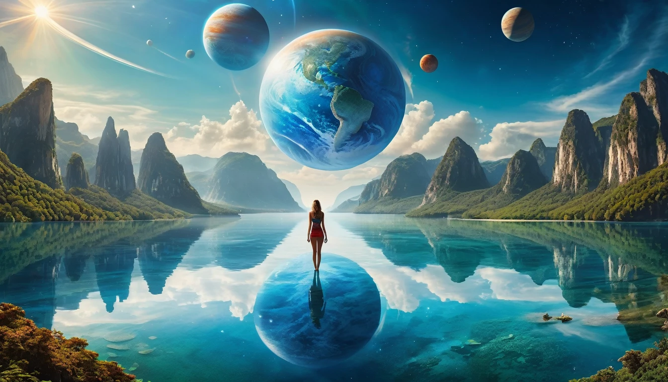highest quallity,(work of art:1.2),ultra-high resolution,RAW color photography,8K,vast landscape photography,Realistic Photos,Elaborated photos,A woman living on a water planet,,(from behind:1.5),(from low:1.2,Woman standing on a water planet,A vast lake spreads before your eyes,Water City,The sky is a vast universe,blue sky),Written limit depth,broad light,low-contrast,contra-luz,sharp focus,swirly vibrant colors,dynamic configuration