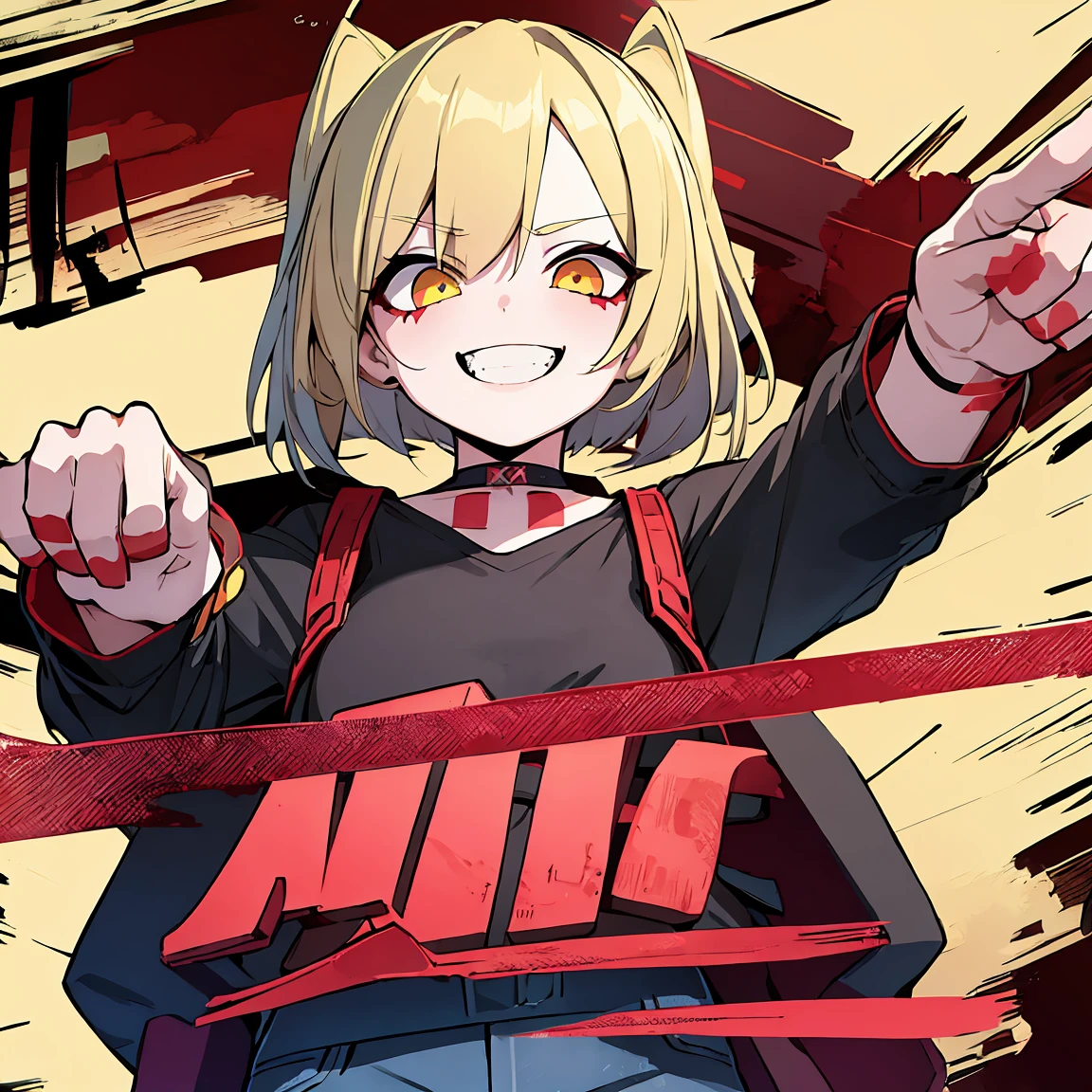 Anime girl, Short blonde hair with red highlights, Pointed teeth, macabre smile, black shirt with print, Jeans, personalized machine gun, white wall, Graffiti, Yellow and red green paint.
