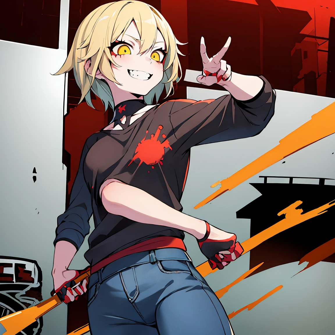 Anime girl, Short blonde hair with red highlights, Pointed teeth, macabre smile, black shirt with print, Jeans, personalized machine gun, white wall, Graffiti, Yellow and red green paint.