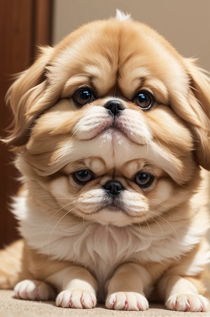 A golden shihtzu with white pink nose, a Pug, a yellow Persian cat