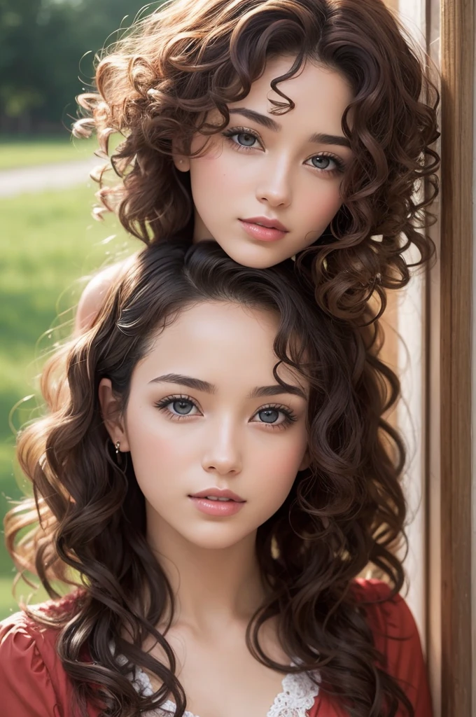 Create a photo of a woman with curly hair, Jehovah's Witness, thin and wearing a pretty dress