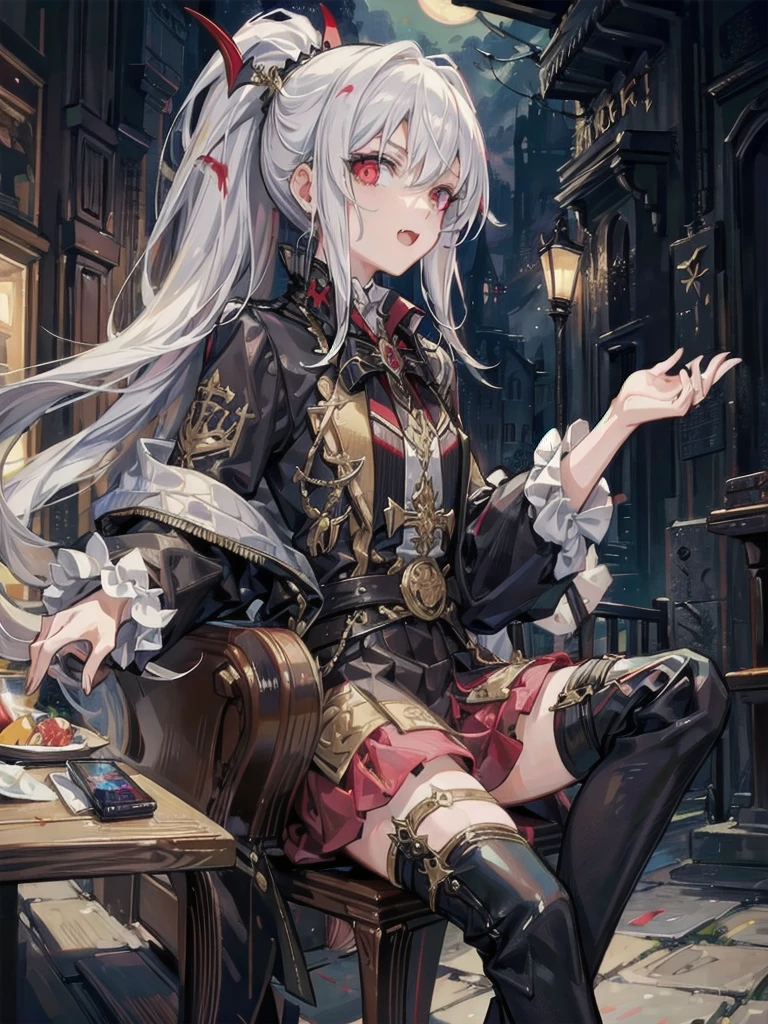 best qualtiy,Need,tmasterpiece,Very detailed,sportrait,one-girl,Vampires,White double ponytail,Fang,whaite hair,opulent,face to the viewer