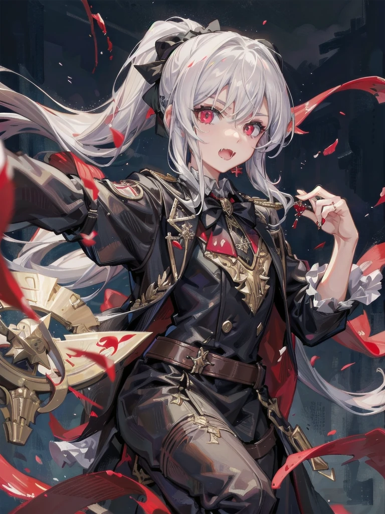 best qualtiy,Need,tmasterpiece,Very detailed,sportrait,one-girl,Vampires,White double ponytail,Fang,whaite hair,opulent,face to the viewer
