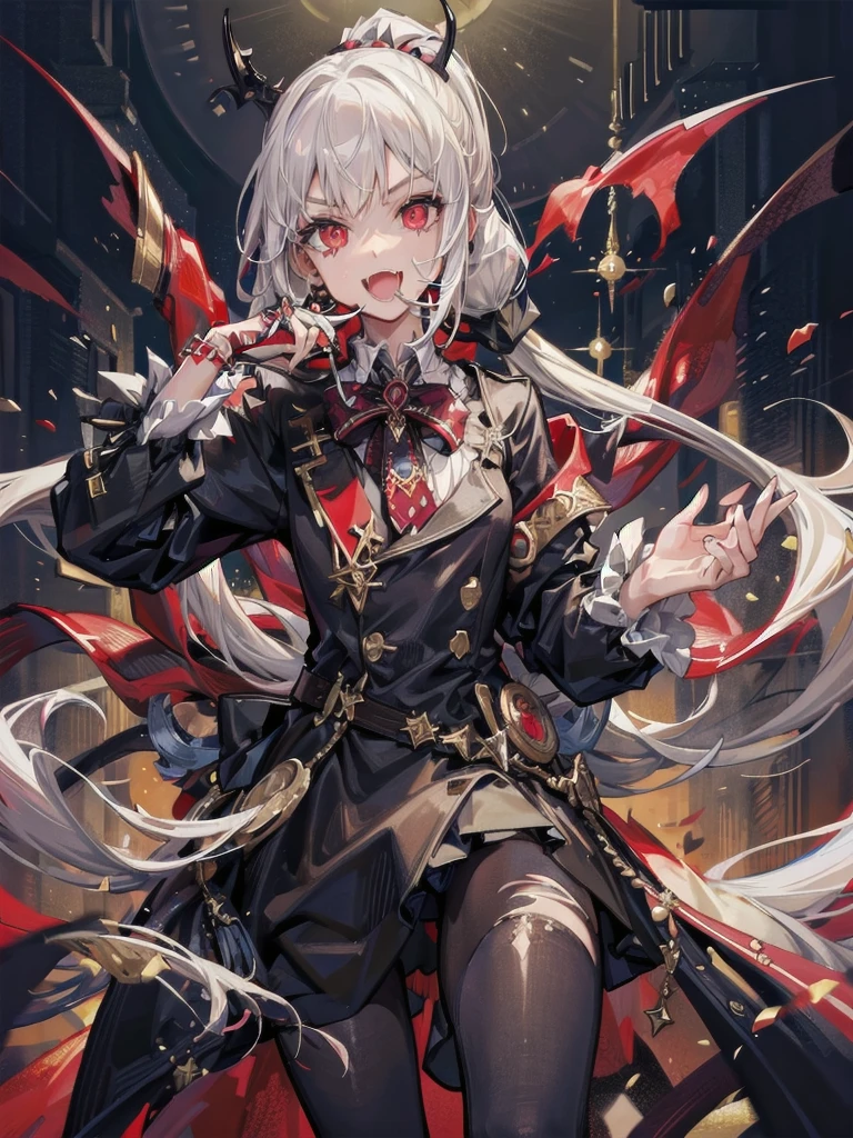 best qualtiy，Need，tmasterpiece，Very detailed，sportrait，one-girl，Vampires，White double ponytail，Fang，whaite hair，opulent，face to the viewer