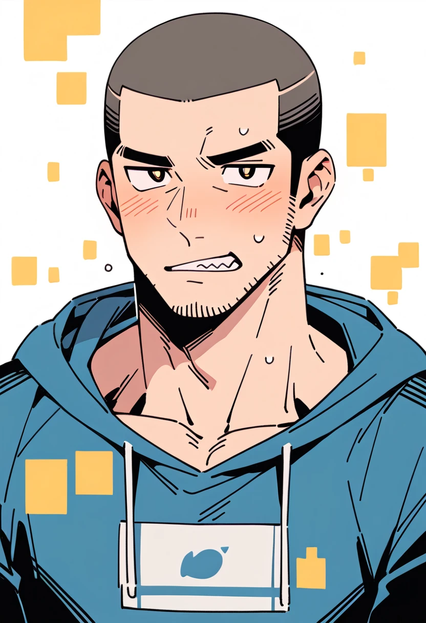 anime characters：Priapus, Muscle Sports Student, Buzz Cut, Manliness, male focus, Sports tight hooded sweatshirt, Very tight, full and perky chest muscles, muscular male, muscular, only, Upper body, alone, Black short hair, Thick eyebrows, stubble, Brown-red pupils, White background, simple background, amazing quality, best aesthetics, Ridiculous, crew cut, blush, Biting a pair of white panties, embarrassed, shy, endured face, negative space, best quality