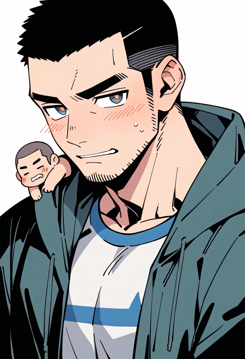 anime characters:Priapus, Muscle Sports Student, Buzz Cut, Manliness, male focus, Sports tight hooded sweatshirt, Very tight, full and perky chest muscles, muscular male, muscular, only, Upper body, alone, Black short hair, Thick eyebrows, stubble, Brown-red pupils, White background, simple background, amazing quality, best aesthetics, Ridiculous, crew cut, blush, Biting a pair of white panties, embarrassed, shy, endured face, negative space, best quality