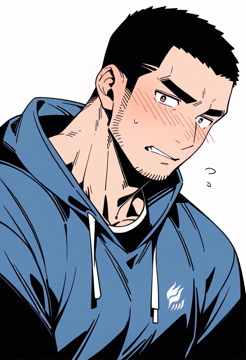 anime characters:Priapus, Muscle Sports Student, Buzz Cut, Manliness, male focus, Sports tight hooded sweatshirt, Very tight, full and perky chest muscles, muscular male, muscular, only, Upper body, alone, Black short hair, Thick eyebrows, stubble, Brown-red pupils, White background, simple background, amazing quality, best aesthetics, Ridiculous, crew cut, blush, Biting a pair of white panties, embarrassed, shy, endured face, negative space, best quality