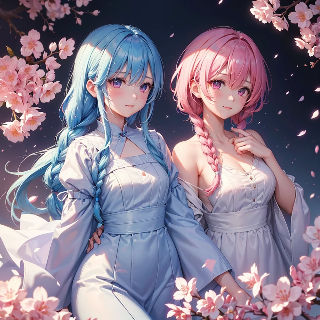 (Sky blue medium hair),(Braided hair tied together)、Pink eyes、Fair skin、(whole body)、(One Girl)、(Recruitment Suit)、Cherry Blossoms at Night、A big smile、、(masterpiece、Highest quality、Very detailed、Best Shadow)、(Detailed Background)、(Beautifully detailed face)、High contrast、(Best lighting、Very delicate and beautiful)、((Cinematic Light))、colorful、Hyper Detail、Dramatic Light、Exquisite detail、