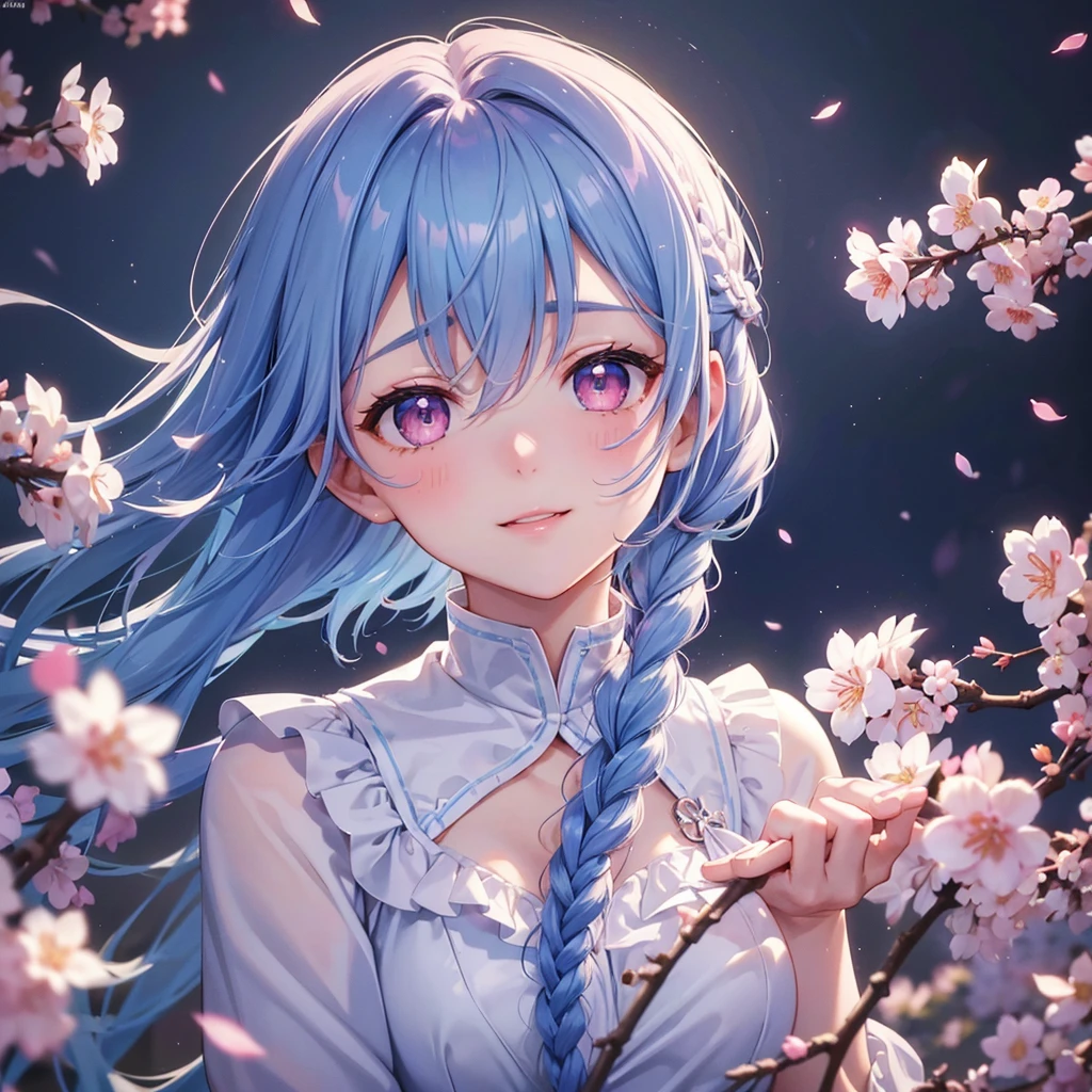 (Sky blue medium hair),(Braided hair tied together)、Pink eyes、Fair skin、(whole body)、(One Girl)、(Recruitment Suit)、Cherry Blossoms at Night、A big smile、、(masterpiece、Highest quality、Very detailed、Best Shadow)、(Detailed Background)、(Beautifully detailed face)、High contrast、(Best lighting、Very delicate and beautiful)、((Cinematic Light))、colorful、Hyper Detail、Dramatic Light、Exquisite detail、
