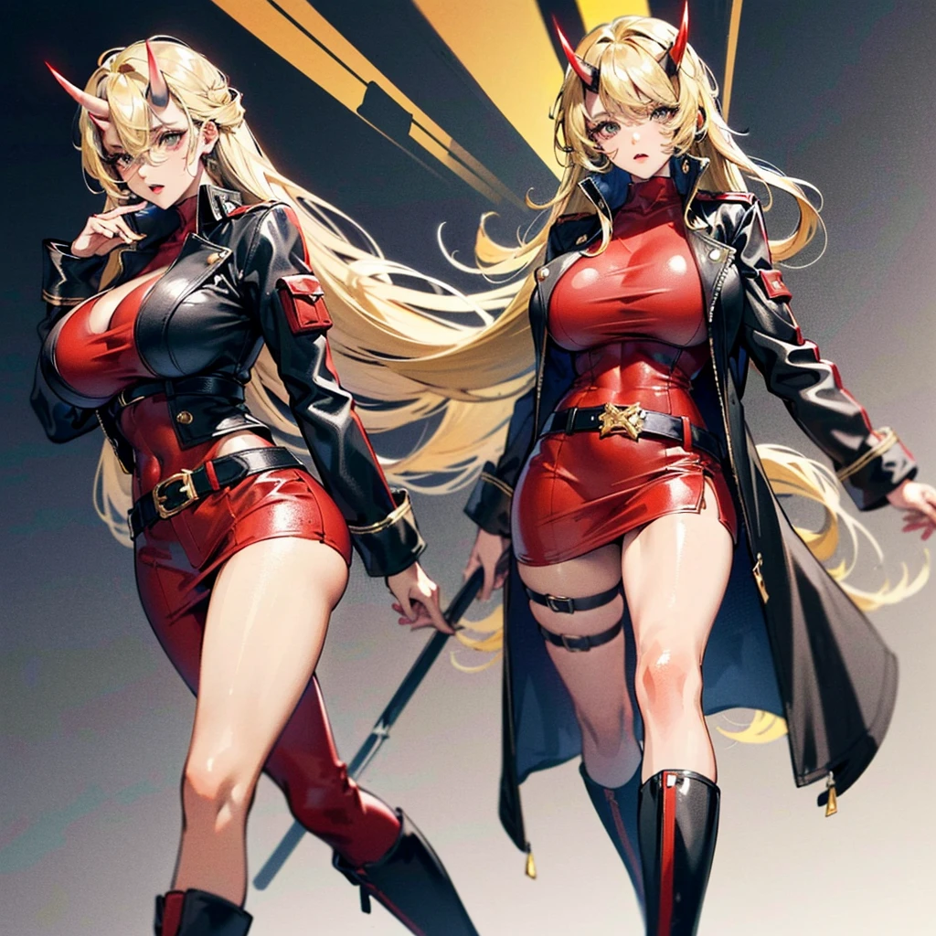 ((best quality)), ((masterpiece)), (detailed), 1girl, 8k_wallpaper, extremely detailed eyes, extremely detailed body, beautiful face, perfect face, detailed ((blonde hair)), (gold eyes), ((large big red and blue horns)), {{dark skin}}, ({dark skinned female}), gigantic breasts, thick thighs, strong arm and leg muscles, strong abdominal muscles, Monster women, Korean women, wearing a modern short black cloth jacket with rolled up sleeves, (wearing heavy gold colored steel cyberpunk armor), a wide red leather belt with blue steel yarn, steel boots, steel thigh guards, a military radio hangs on her belt, a biker girl, she rides on another planet along a lilac field against the backdrop of a blue desert and high red mountains,