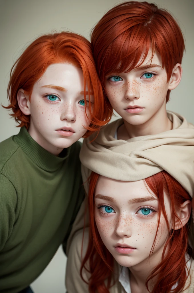 One with red hair, eyes browns, with freckles next to a blond boy with green eyes