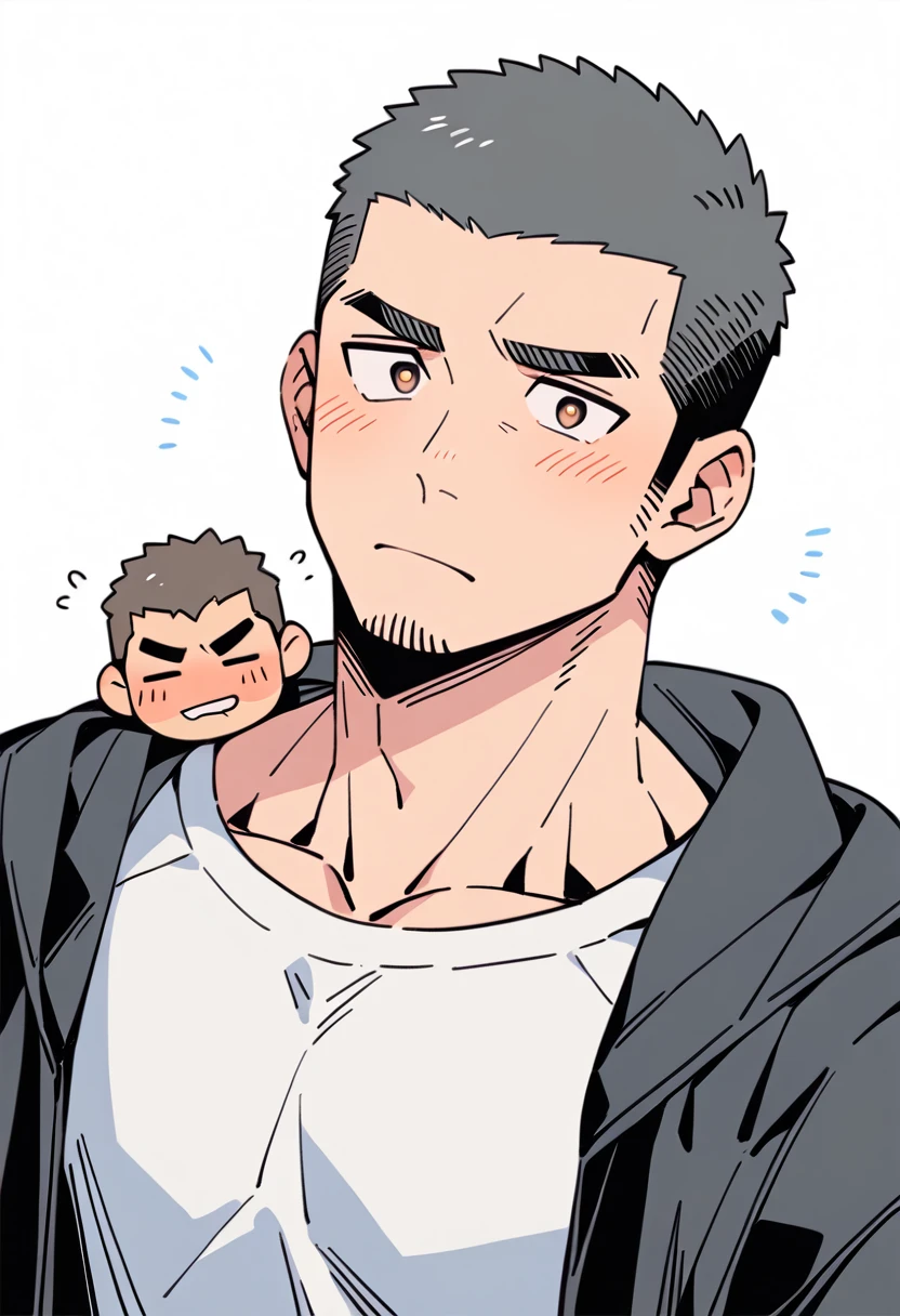 anime characters:Priapus, Muscle Sports Student, Buzz Cut, Manliness, male focus, Sports tight hooded sweatshirt, Very tight, full and perky chest muscles, muscular male, muscular, only, Upper body, alone, Black short hair, Thick eyebrows, stubble, Brown-red pupils, White background, simple background, amazing quality, best aesthetics, Ridiculous, crew cut, blush, Biting a pair of white panties, embarrassed, shy, endured face, negative space, best quality