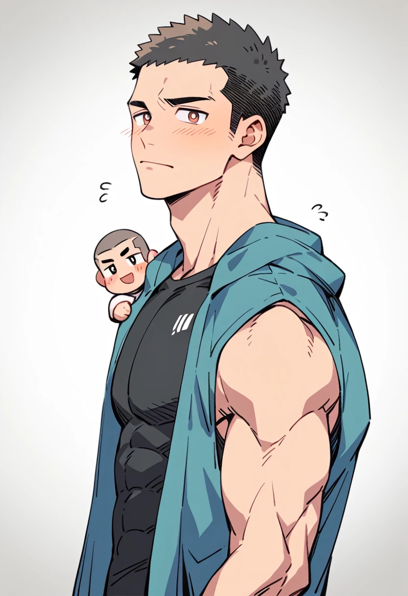 anime characters:Priapus, Muscle Sports Student, Buzz Cut, Manliness, male focus, Sports tight hooded sweatshirt, Very tight, full and perky chest muscles, muscular male, muscular, only, Upper body, alone, Black short hair, Thick eyebrows, stubble, Brown-red pupils, White background, simple background, amazing quality, best aesthetics, Ridiculous, crew cut, blush, Biting a pair of white panties, embarrassed, shy, endured face, negative space, best quality