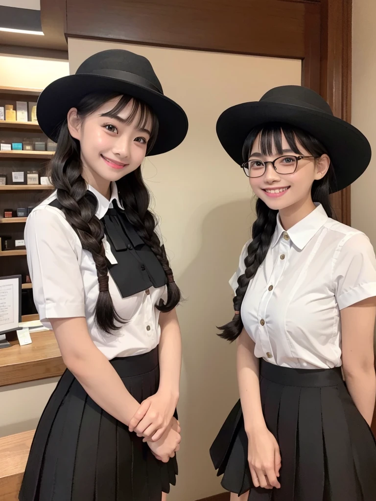 Highest quality、masterpiece、8K、Very detailed、Realistic、(Two Girls)、(Looking at me with a smile:1.5)、whole body、Black Hair、Small face、(Slender:1.2)、(Big Breasts)、Glasses、Braid、(Erect nipples:1.2)、(Hamburger shop clerk)、 short-sleeved, tight-fitting, black, buttoned-up, collared polyester shirt:1.3)、(Elegant black tight skirt:1.3)、(Black Hat:1.2)