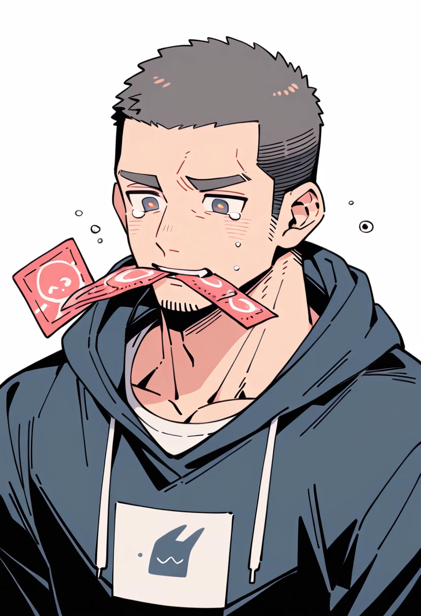 anime characters:Priapus, Muscle Sports Student, Buzz Cut, Manliness, male focus, Sports tight hooded sweatshirt, Very tight, full and perky chest muscles, muscular male, muscular, only, Upper body, alone, Black short hair, Thick eyebrows, stubble, Brown-red pupils, White background, simple background, amazing quality, best aesthetics, Ridiculous, crew cut, sad, crying, sobbing, blush, mouth hold, Bite the condom packaging bag, negative space, best quality