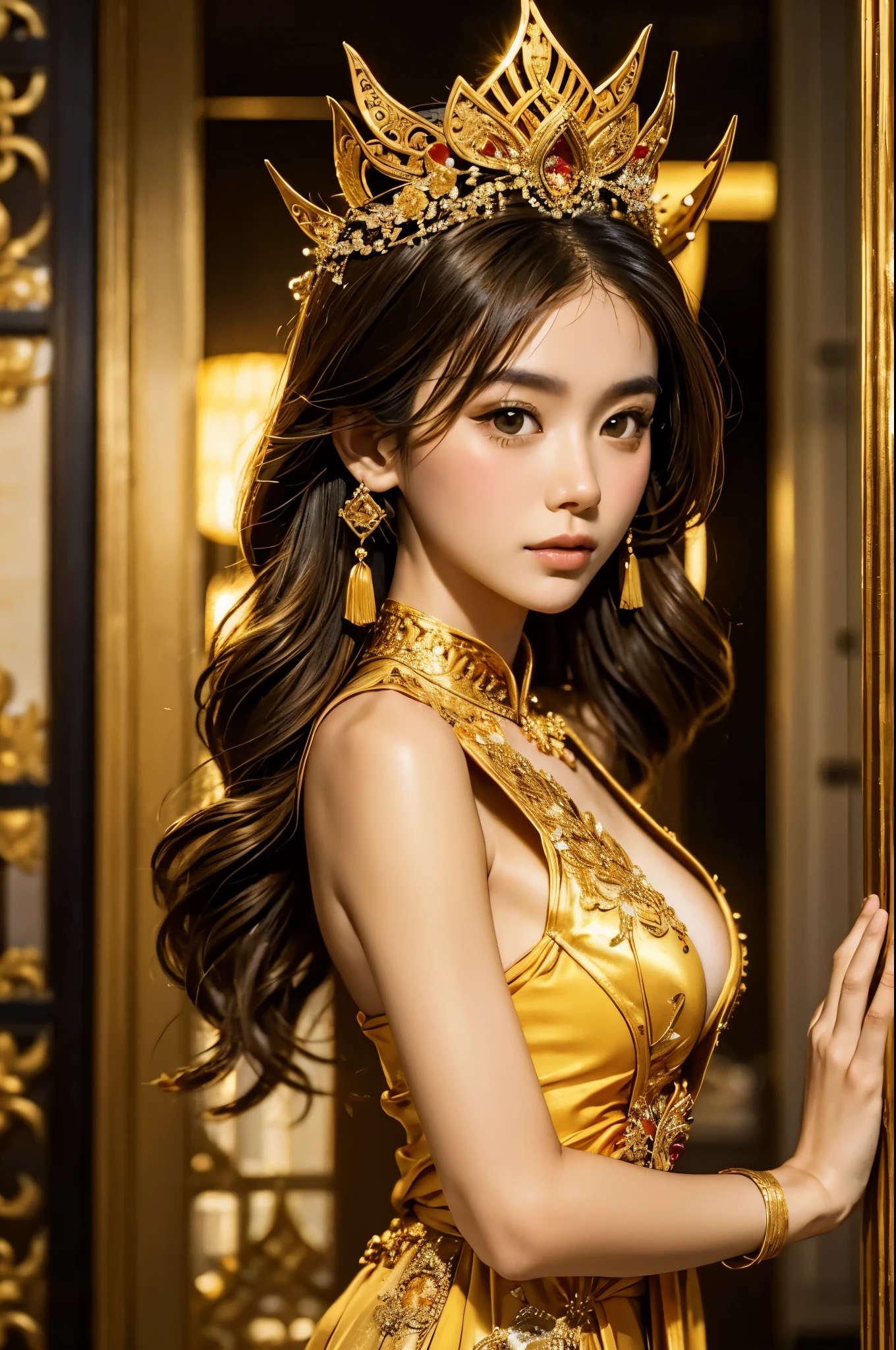 gustav Klimt the lady in gold, Thai princess, golden Thai traditional dress, small breast