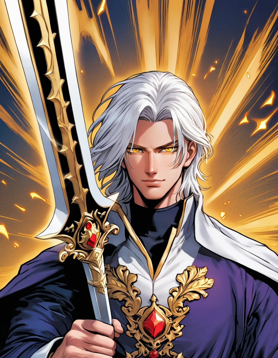 hq-style, comic book style, make a character similar to Reinhard Van Astrea from Re: NULL, only he has white hair and shining golden eyes, has a royal outfit and uses a sword at the waist of one hand (IT'S ON THE WAIST, NOT IN HAND), has short hair and is a teenager