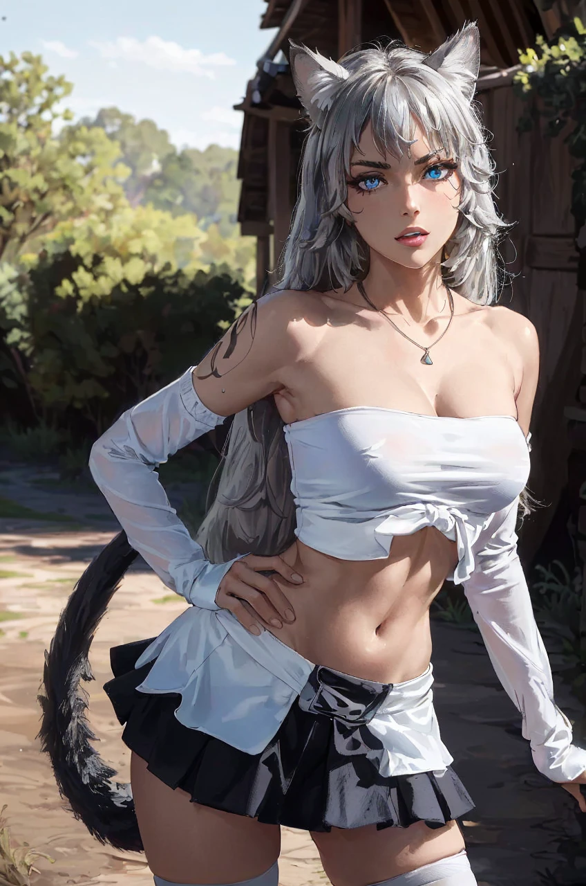 (masterpiece, best quality, ultra detailed, absurdres:1.5), 1girl, (sexy, beautiful woman, perfect face, perfect eyes, perfect female body, medium breasts:1.5), (white shirt, long hair, gray hair, cat ears, necklace, yellow waist cape, detached sleeves, black miniskirt, (white thighhighs:1.3), cat tail, black gloves, ), (standing, outdoors, forest), perfect lighting, smooth, hdr