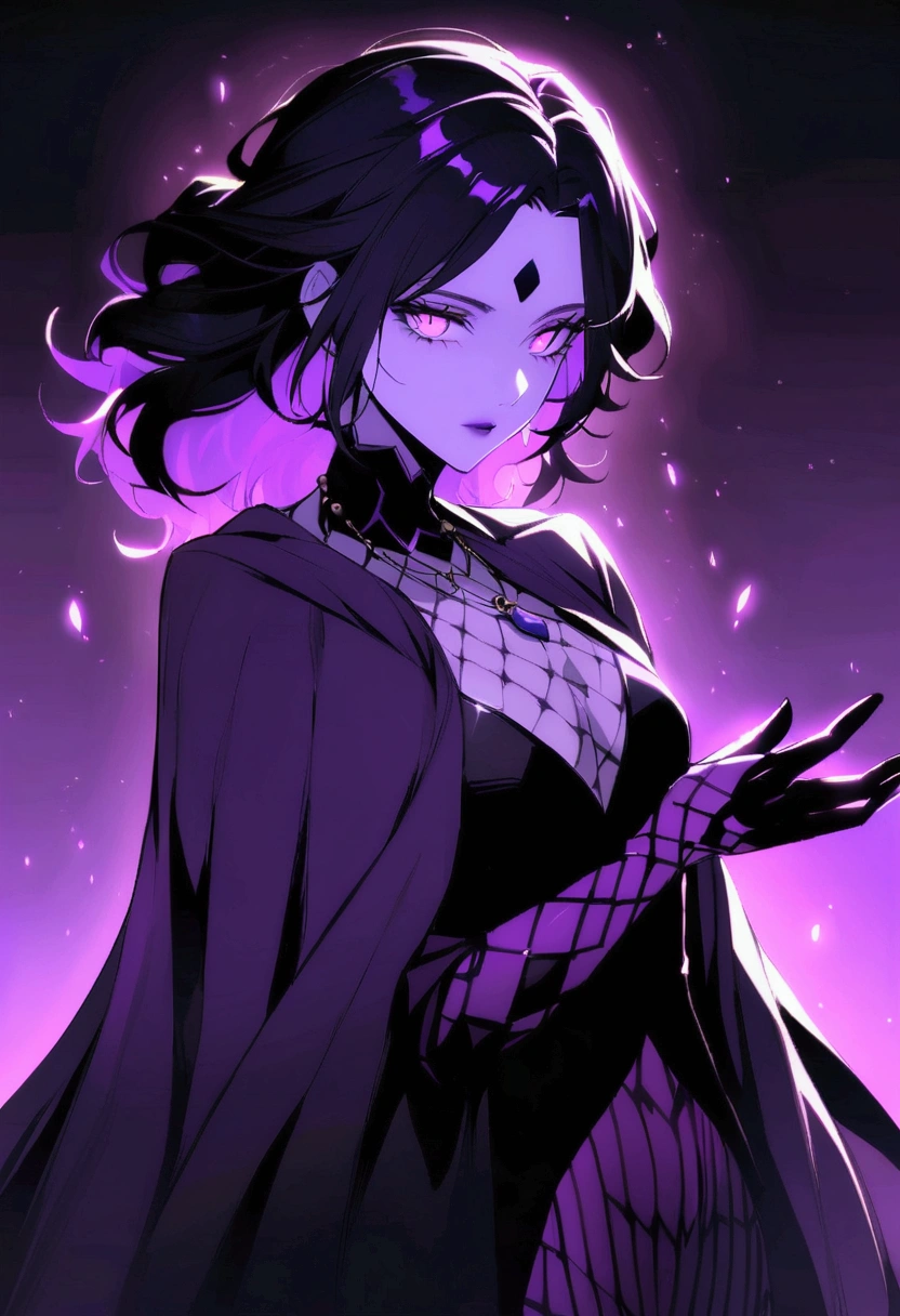 A female character named Gamora, anti-villain with mystical powers. She has long, wavy black hair, bright purple eyes, and pale skin with an ethereal purple aura. Gamora wears elegant, dark clothing with arcane patterns in shades of purple, including a cloak that moves like shadows. She wears a necklace with an obsidian amulet. Gamora is in a confident and mysterious pose, surrounded by shadows that appear vivid with a purple hue