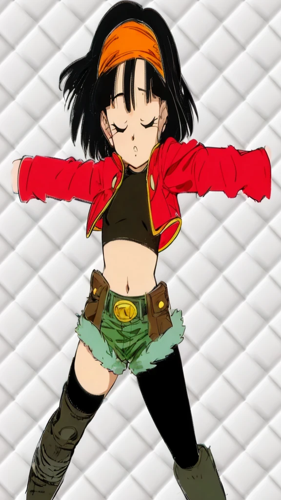((Pan xeno))  10 years, Granddaughter of Goku,  , short hair, bangs, black hair closed eyes , gloves, navel, jacket, hairband, open clothes, black gloves, black Tight midriff, green Tight  shorts, Soft fabrics in the  both sides, red jacket, cropped jacket, orange hairband, sleeping , decubitus supine,  lying in the Bed With his arms outstretched arms open, legs open Separated front to front Hot sexy image 1990s by akira toriyama, Anime dragón Ball z 