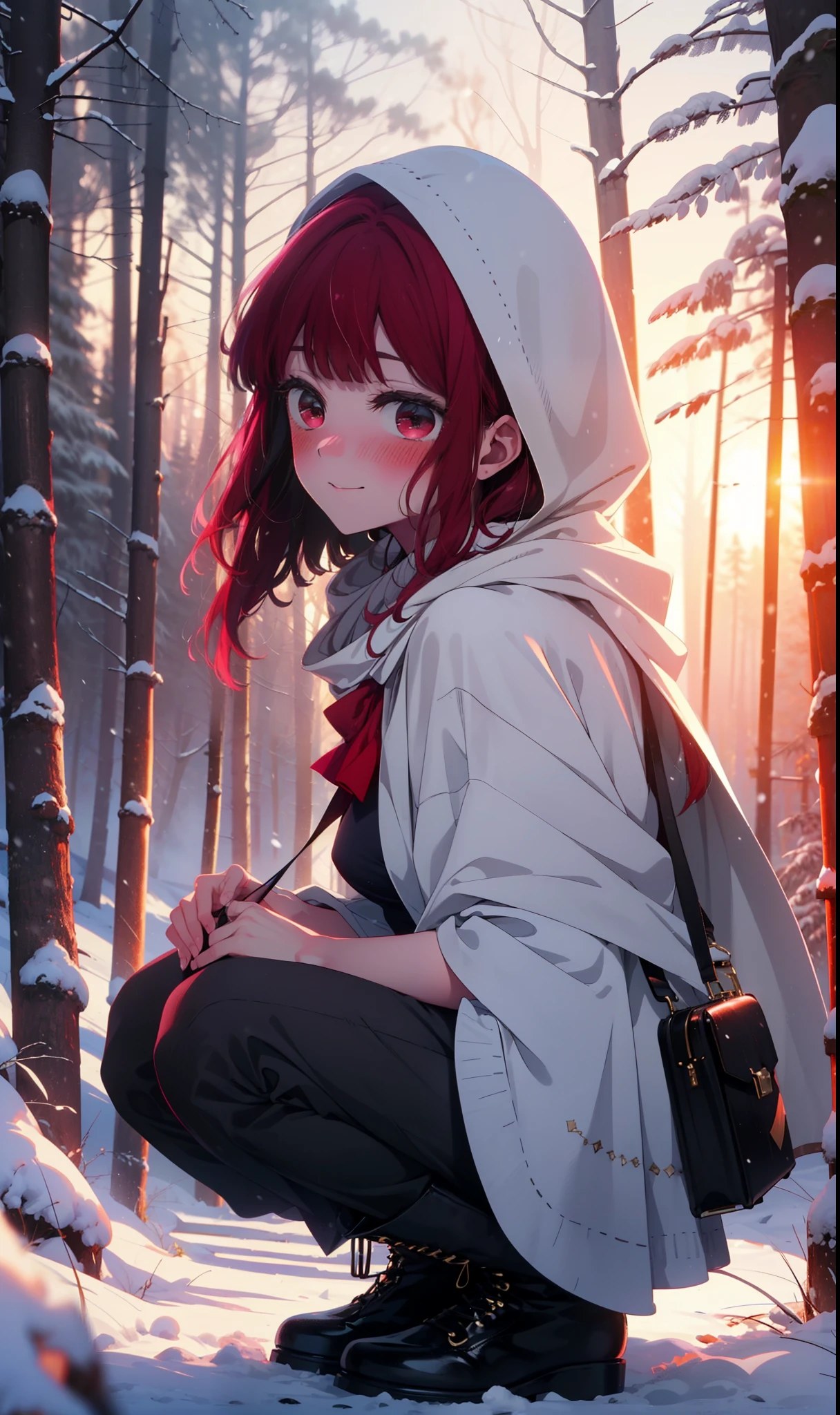 canary, Arima etc..., Long Hair,bangs, (Red eyes:1.3), Redhead, smile,Small breasts,ribbon,smile,blush,White Breath,
Open your mouth,snow,Ground bonfire, Outdoor, boots, snowing, From the side, wood, suitcase, Cape, Blurred, , forest, White handbag, nature, Squat, Mouth closed, Cape, winter, Written boundary depth, Black shoes, red Cape break looking at viewer, Upper Body, whole body, break Outdoor, forest, nature, break (masterpiece:1.2), Highest quality, High resolution, unity 8k wallpaper, (shape:0.8), (Beautiful and beautiful eyes:1.6), Highly detailed face, Perfect lighting, Highly detailed CG, (Perfect hands, Perfect Anatomy),