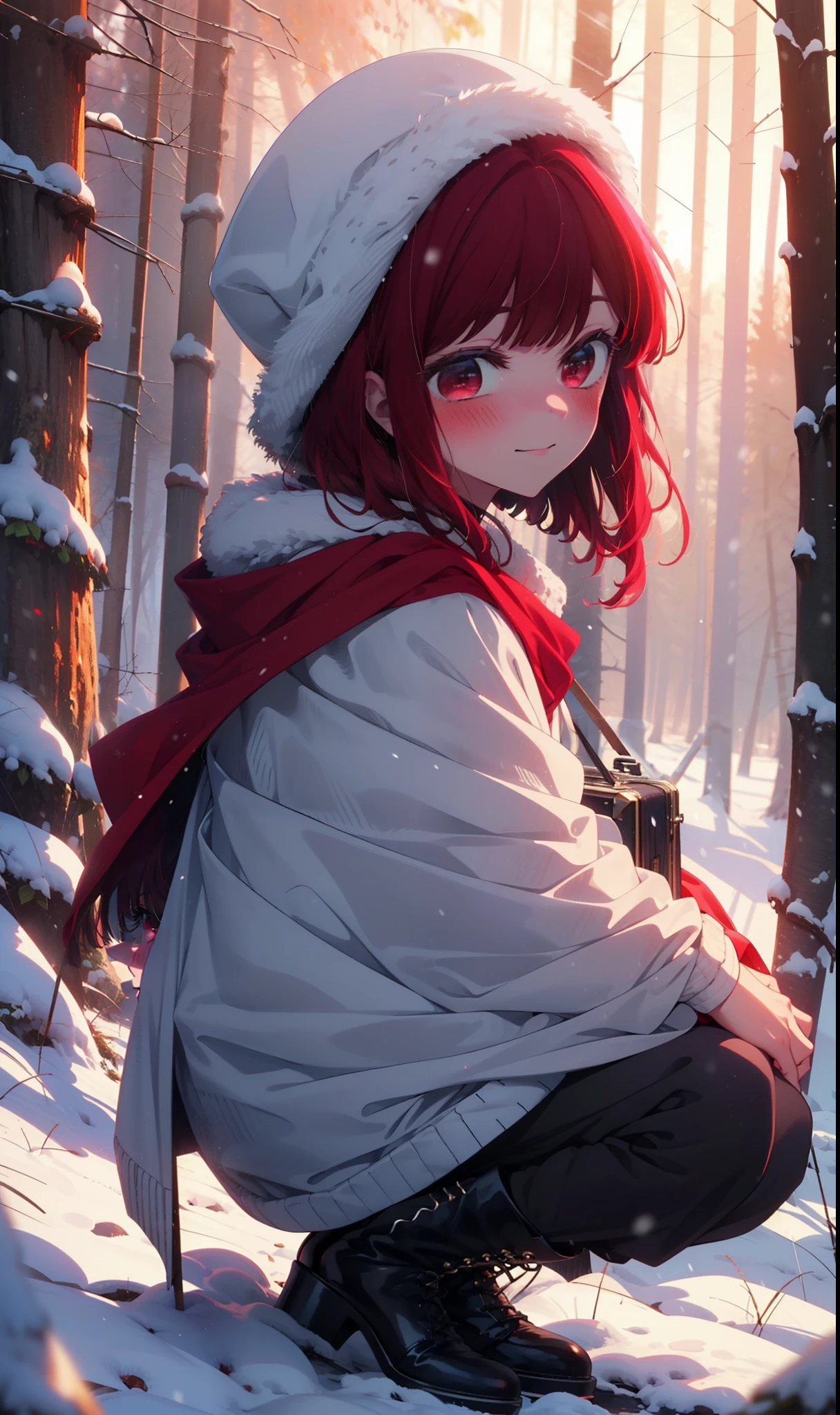 canary, Arima etc..., Long Hair,bangs, (Red eyes:1.3), Redhead, smile,Small breasts,ribbon,smile,blush,White Breath,
Open your mouth,snow,Ground bonfire, Outdoor, boots, snowing, From the side, wood, suitcase, Cape, Blurred, , forest, White handbag, nature, Squat, Mouth closed, Cape, winter, Written boundary depth, Black shoes, red Cape break looking at viewer, Upper Body, whole body, break Outdoor, forest, nature, break (masterpiece:1.2), Highest quality, High resolution, unity 8k wallpaper, (shape:0.8), (Beautiful and beautiful eyes:1.6), Highly detailed face, Perfect lighting, Highly detailed CG, (Perfect hands, Perfect Anatomy),