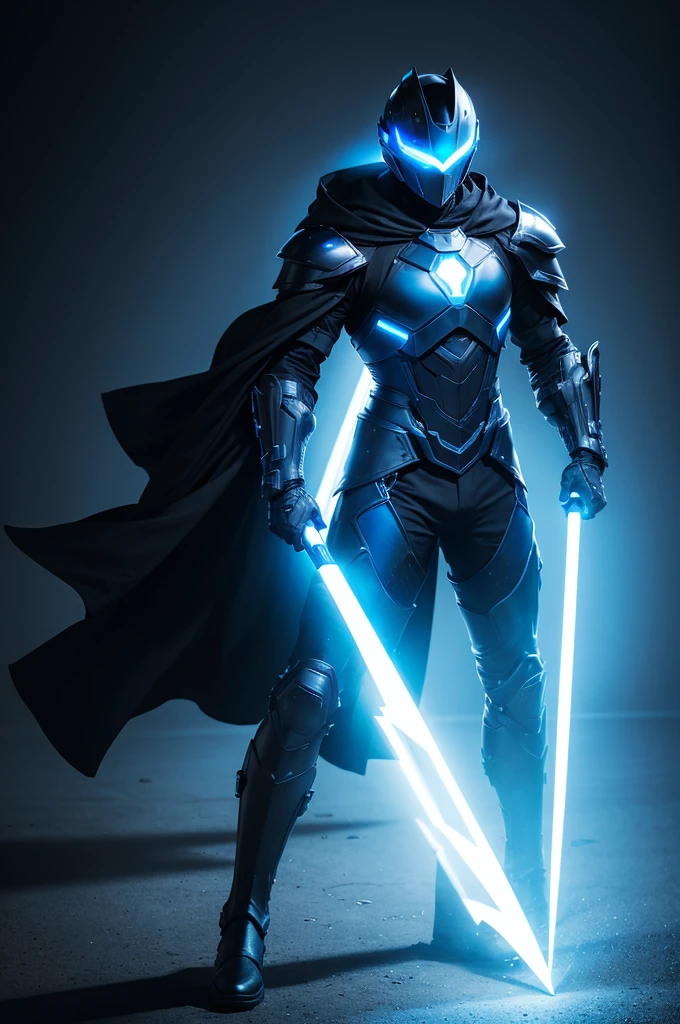 An adult guy in black full armor with electric blue accents, a black helmet with an electric visor, long black cloak with the edges glowing electric blue, high-tech gloves and boots 
